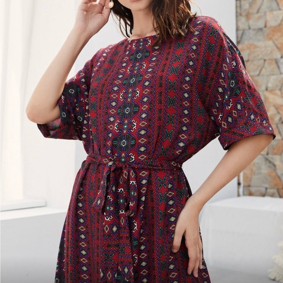 Maroon Patterned Long Sleeve Dress. Brand New. - Picture 4 of 5